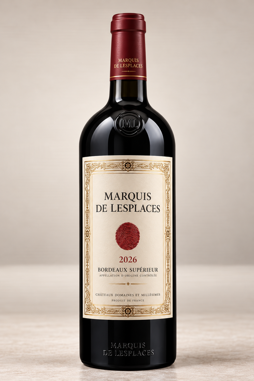Marquis de Lesplaces Grand Vin Bordeaux wine bottle presentation