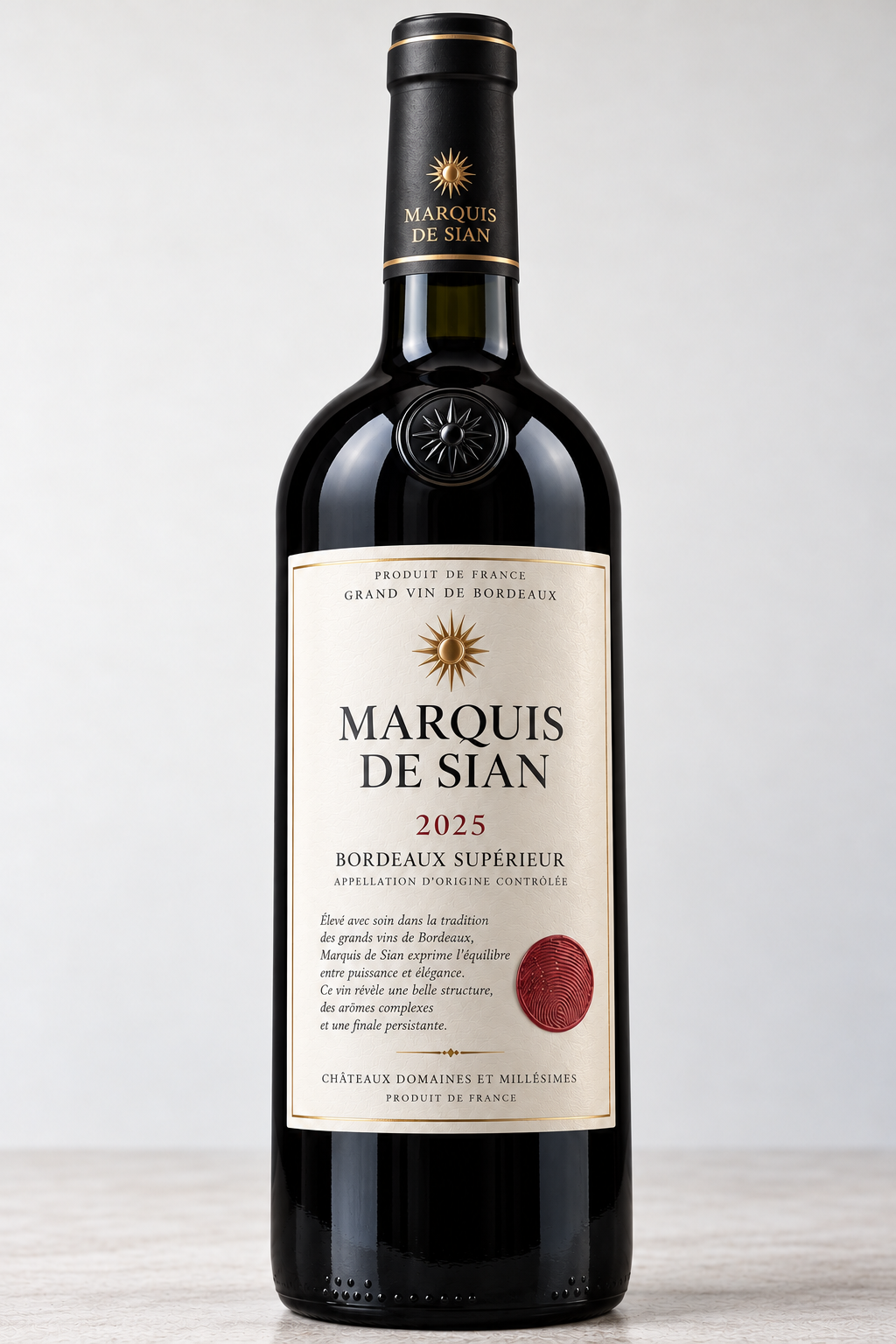 Marquis de Sian Bordeaux wine bottle presentation